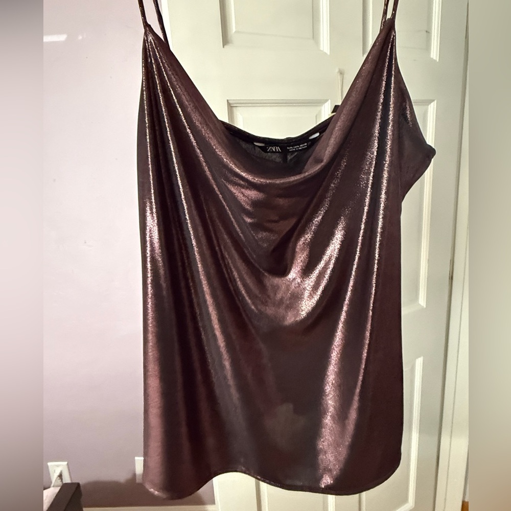 Zara Metallic Brown Cowl Neck Tank Top